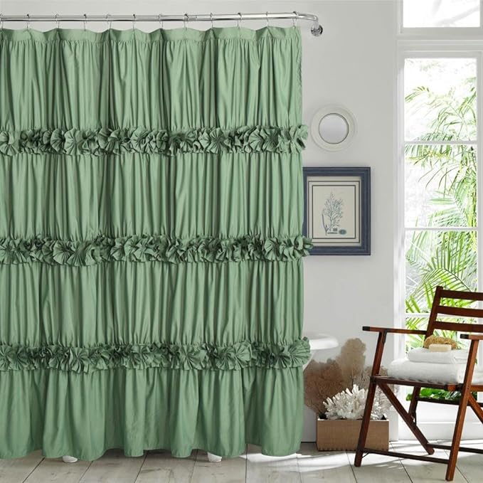 Homechoice Decor Light Green Ruffle Shower Curtain 72" W x 72" H | Vintage Handcrafted Bow Tie Bath Curtain for Master Bathroom, Ruched Microfiber Bathroom Curtain with 12 Buttonholes (LQ-10)