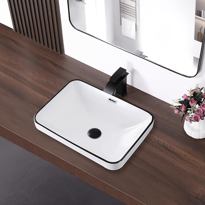 Bathroom Vessel Sink 20.6'' x 14.7'' Semi Recessed Bathroom Sink Rectangular Drop-in Vanity Sink with Overflow White with Black Rim Ceramic Modern Art Basin