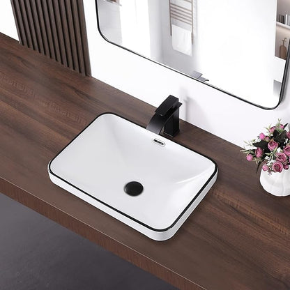 Bathroom Vessel Sink 20.6'' x 14.7'' Semi Recessed Bathroom Sink Rectangular Drop-in Vanity Sink with Overflow White with Black Rim Ceramic Modern Art Basin