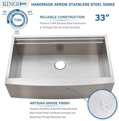 KINGO HOME 33 Inch 18 Gauge Handmade Stainless Steel Single Bowl Farmhouse Sink, Modern Farm Sink 33 Inch Apron Farmer Sinks for Kitchen Rustic With Accessories