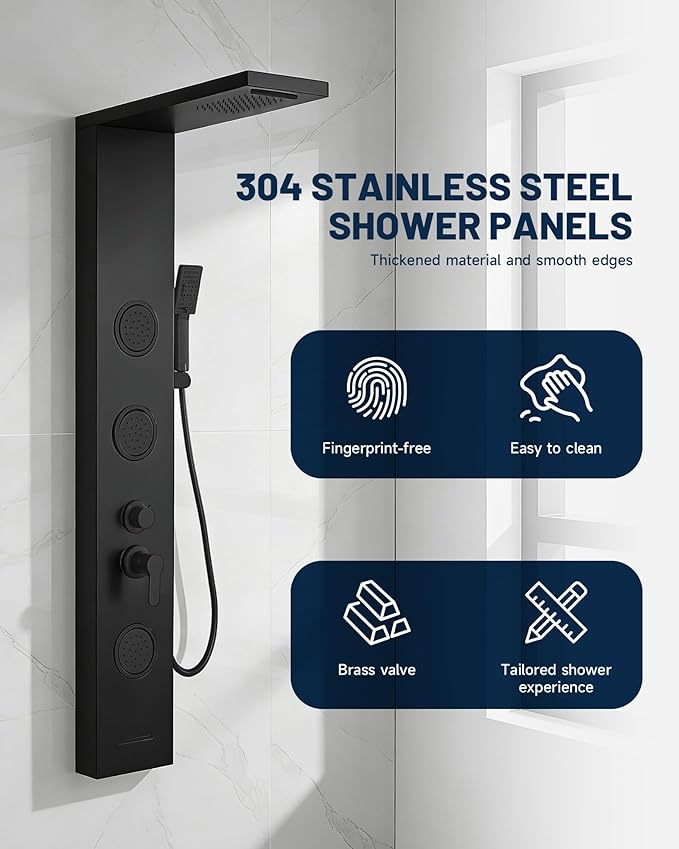 Homevacious Shower Panel Tower System Rainfall Waterfall Shower Head 3 Massage Body Jets Handheld Shower Head and Tub Spout Wall Mounted Multi-Function Bathroom Shower Panel Matte Black
