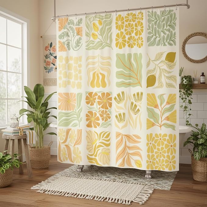 JAWO Cute Boho Floral Shower Curtain, Vintage Yellow Abstract Floral Retro Aesthetic Shower Curtain for Bathroom, Funky Unique Waterproof Fabric Polyester Bath Curtains Decor with Hooks,70Wx75H