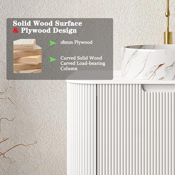 36'' Bathroom Vanities Cabinet with Sink Combo, Wall Mounted Floating Cabinet W/Curved Edges Stripes, Oak Plywood, Soft-Close System with a Drawer, White Round Ceramic Basin - Kiel, White/S