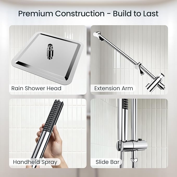 Veken 10" Luxurious Rain Shower Head with Handheld, High Pressure Rainfall Shower Heads wih Extension Arm, Wide Dual Showerhead with Spray Combo, Bathroom Accessories, Chrome, Silver