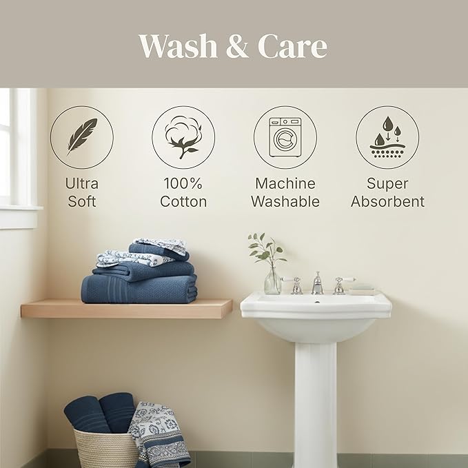Modern Threads Floral Trail 6-Piece 100% Cotton Towel Set – Reversible Yarn Dyed Jacquard – Includes 2 Bath Towels, 2 Hand Towels, 2 Washcloths – Absorbent, Quick Dry, Soft & Durable – Navy