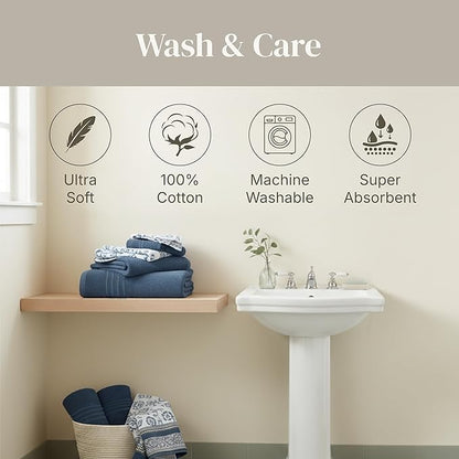 Modern Threads Floral Trail 6-Piece 100% Cotton Towel Set – Reversible Yarn Dyed Jacquard – Includes 2 Bath Towels, 2 Hand Towels, 2 Washcloths – Absorbent, Quick Dry, Soft & Durable – Navy