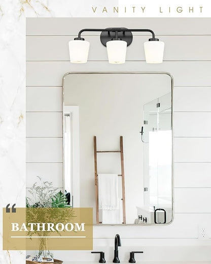 Bathroom Light Fixtures Over Mirror, 3-Light Matte Black Vanity Lighting Fixtures with Milk White Glass, Vintage Farmhouse Wall Sconces Lighting, AD-22004-3W-BK