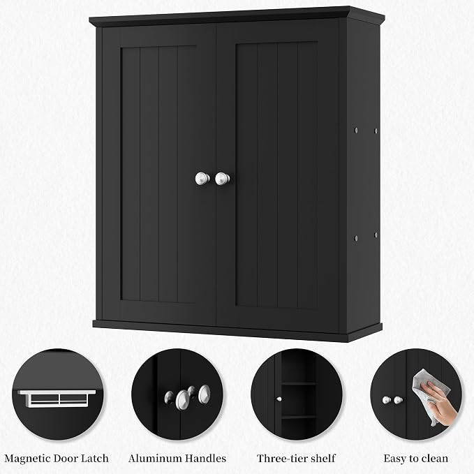 Shintenchi Bathroom Wall Medicine Cabinet, Over The Toilet Storage, Black | Bathroom Storage Organizer Cupboard, with 2 Magnet Door and 3-Tier Shelves, Space Saving, Easy to Assemble & Clean
