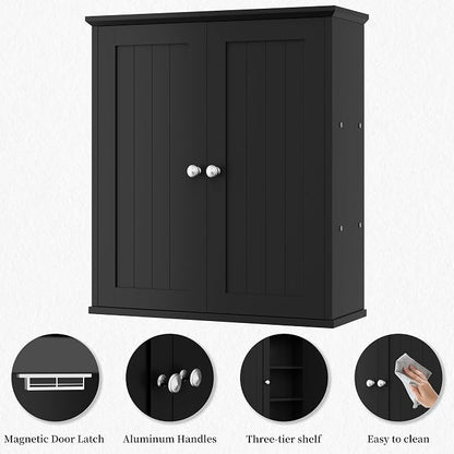 Shintenchi Bathroom Wall Medicine Cabinet, Over The Toilet Storage, Black | Bathroom Storage Organizer Cupboard, with 2 Magnet Door and 3-Tier Shelves, Space Saving, Easy to Assemble & Clean