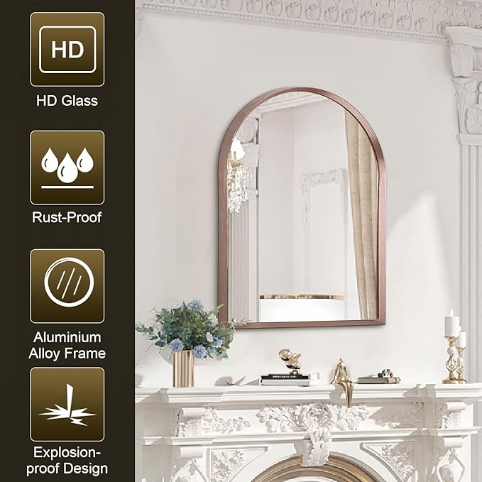 Arch Bathroom Mirror, 20"x16" Wall Mounted Mirror, Arched Vanity Wall Mirror Metal Frame Home Decor for Bedroom, Entryway, Living Room