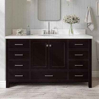 ARIEL Cambridge 60-inch Bathroom Vanity with Sink,Solid Wood, 1.5-inch Pure White Quartz Countertop & Backsplash, Single Oval Porcelain Sink, 2 Soft Closing Doors, 9 Dovetail Drawers, Espresso
