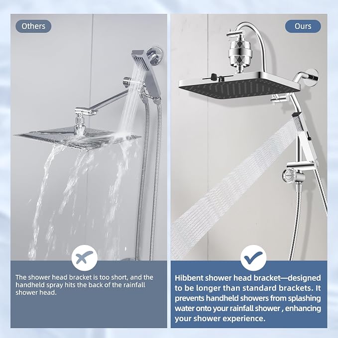 Hibbent 5-spray Filtered Rain Shower Head, 4-Spray Shower Wand, Chrome | cUPC Certified High Pressure Rain Shower head Combo, All Metal 4-way Diverter with Extension Arm, 71'' Hose & Holder