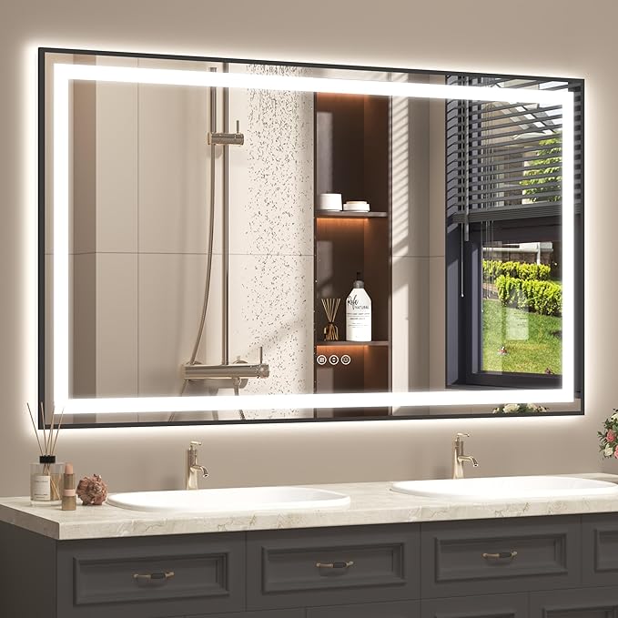 OKPAL 66x40 LED Bathroom Mirror with Lights, Frontlit & Backlit Lighted Bathroom Mirror, Black Lighted Vanity Mirror, Anti-Fog, Dimmable 3 Colors, Shatterproof, Horizontal/Vertical