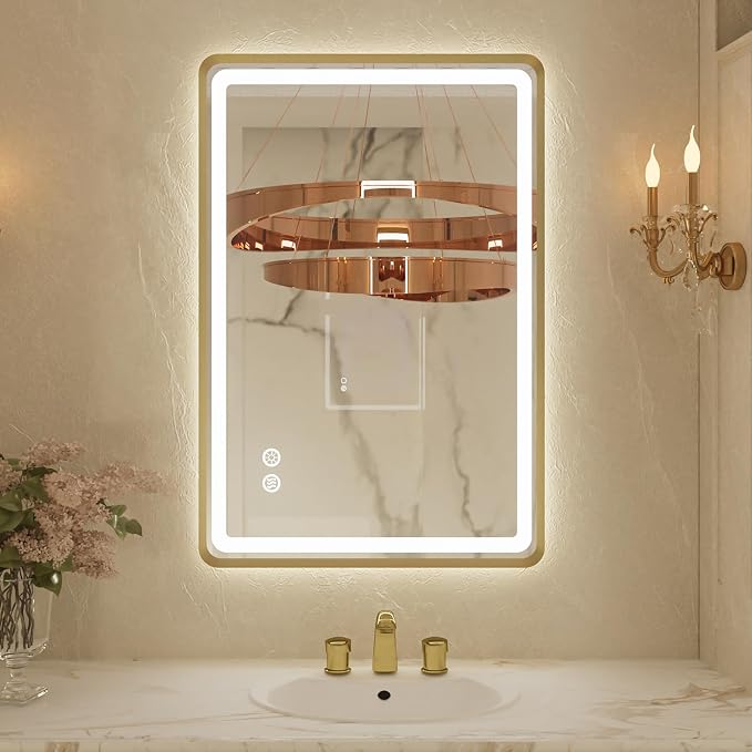 24x32 Inch LED Bathroom Mirror with Round Corner Gold Framed, Lighted Vanity Mirrors with Lights, Front Light and Backlit, Stepless Dimmable, Anti-Fog, Memory, 3 Colors Wall-Mounted Mirrors