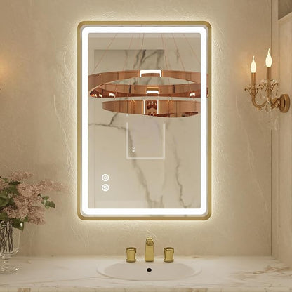 24x32 Inch LED Bathroom Mirror with Round Corner Gold Framed, Lighted Vanity Mirrors with Lights, Front Light and Backlit, Stepless Dimmable, Anti-Fog, Memory, 3 Colors Wall-Mounted Mirrors