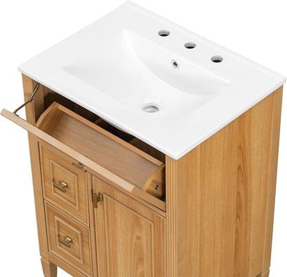 24" Modern Bathroom Vanity with Ceramic Sink, Solid Wood Frame Freestanding Storage Cabinet w/2 Drawers & Tilt-Out Drawer, Door Rack & Adjustable Shelf, Golden Metal Handles, Wood