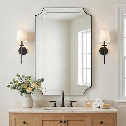Black Mirror 24x40 Inch, Scalloped Mirror for Bathroom, Unique Rectangular Bathroom Mirror in Premium Stainless Steel Metal Frame 1" Deep, Decorative Mirror for Bathroom, Entryway, Mantel