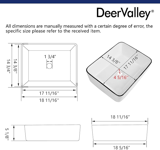 DeerValley 19x15 Inch White and Black Rectangular Vessel Sink, Porcelain Ceramic Above Counter Bathroom Vanity Basin, Modern Art Design, DV-1V0002