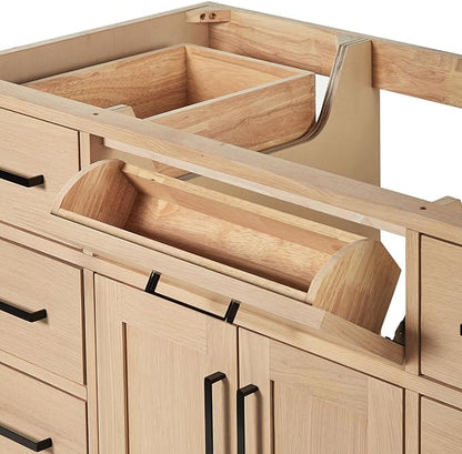 ARIEL Hepburn 48-inch Bathroom Vanity Base Cabinet,Solid Wood, 2 Soft Closing Doors, 9 Dovetail Drawers, White Oak