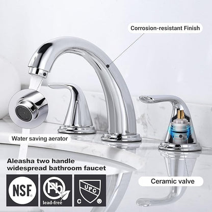 Bathroom Sink Faucet 3 Holes Chrome, ALEASHA Widespread Bathroom Faucet, Bathroom Faucets with Pop Up Drain with Overflow, Washroom Faucets with 304 Stainless Steel Lead-Free Hose