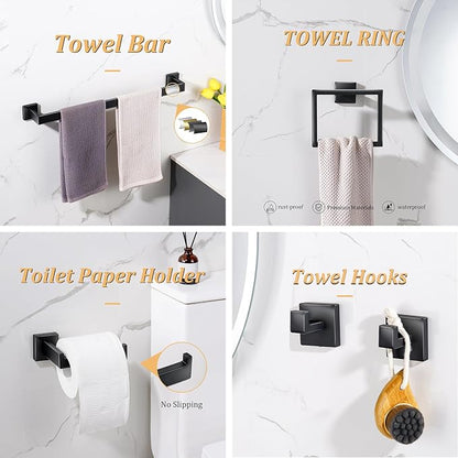 Bathroom Hardware Accessories Set 5 Pieces Matte Black Towel Bar Set, Wall Mounted Towel Rack Toilet Paper Holder Stainless Steel Bath Coat Hooks 24 Inch