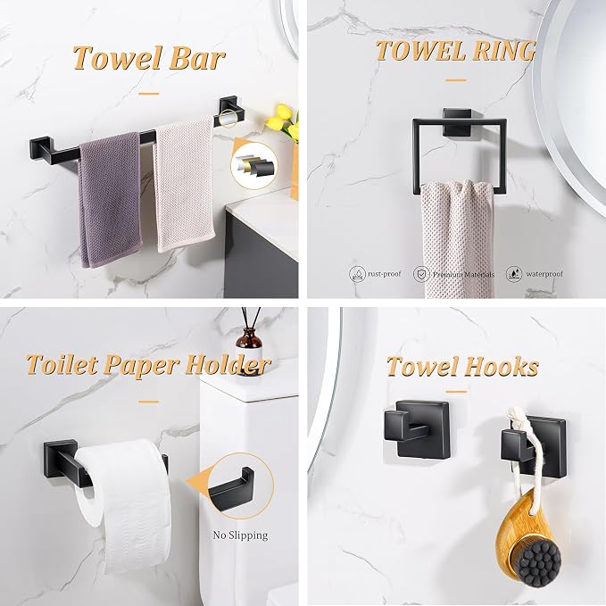 Bathroom Hardware Accessories Set 10 Pieces Matte Black Towel Bar Set 24 Inch, Towel Rack Rings Stainless Steel Bath Coat Hooks Wall Mounted Toilet Paper Holder