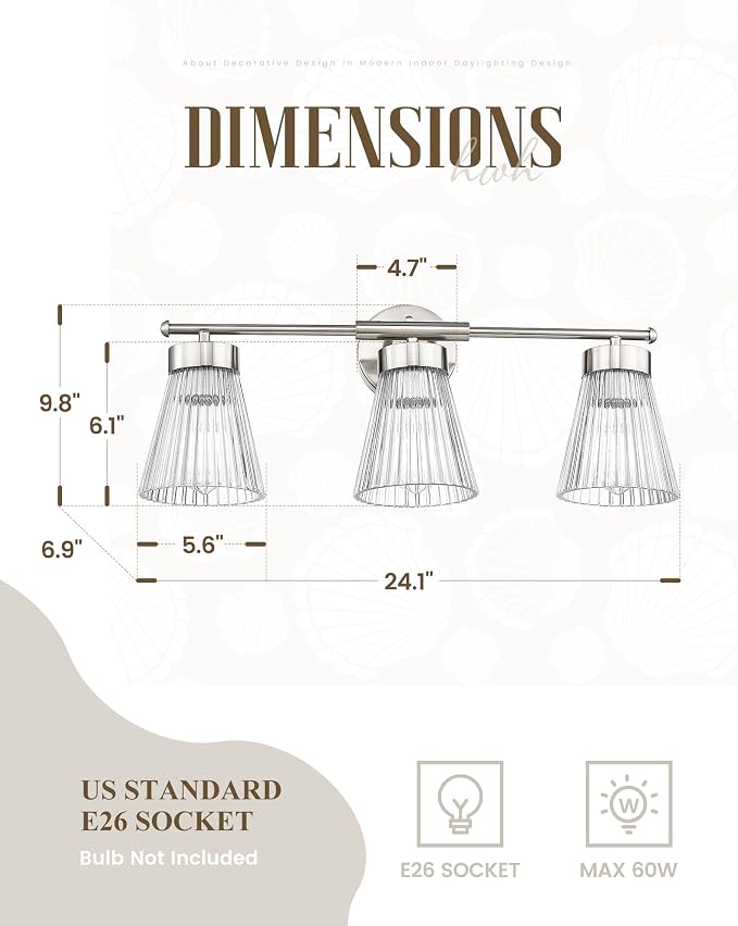 HWH INVESTMENT 3-Light Bathroom Vanity Light, Brushed Nickel, 5HZG97B-3W BN | 24.1-Inch Hardwired Wall Light with Clear Striped Glass; 3 E26 Bulbs, Max 60W Each; Bulbs Not Included