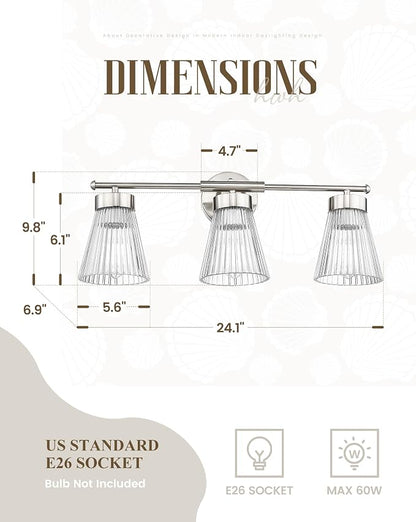 HWH INVESTMENT 3-Light Bathroom Vanity Light, Brushed Nickel, 5HZG97B-3W BN | 24.1-Inch Hardwired Wall Light with Clear Striped Glass; 3 E26 Bulbs, Max 60W Each; Bulbs Not Included