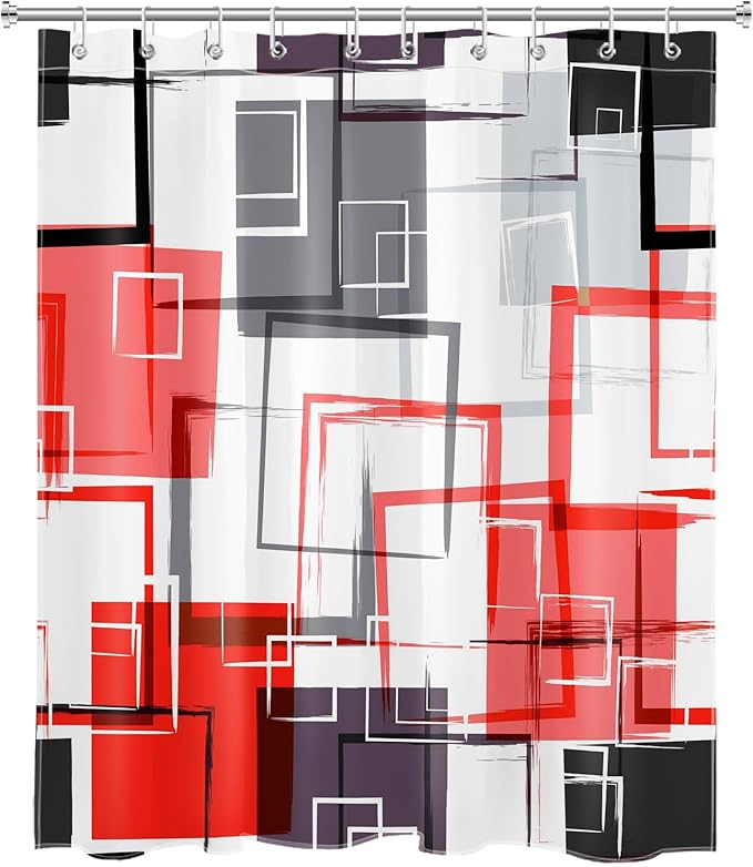 Red and Black Geometric Shower Curtain with Hooks,Grey and White Abstract Striped Shower Curtain for Bathroom Decor Modern Minimalist Shower Curtain Set,72L X 60W inches