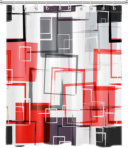 Red and Black Geometric Shower Curtain with Hooks,Grey and White Abstract Striped Shower Curtain for Bathroom Decor Modern Minimalist Shower Curtain Set,72L X 60W inches