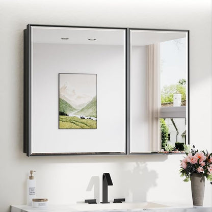 TokeShimi 40x30 Beveled Mirror with Storage Bathroom, Black Recessed Medicine Cabinet with Mirror Aluminum, Wall Mount Metal Recessed Medicine Cabinets for Bathroom
