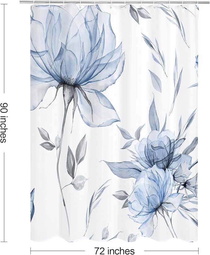 Litabel Blue and Grey Boho Watercolor Floral Shower Curtain, Ink Painting Style Blossom & Leaf Shower Curtains for Chic Elegant Bathroom, Artistic Fabric Cloth Flower Shower Curtain, 72 x 90
