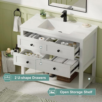 36 Inch Bathroom Vanity with Sink, White | Farmhouse Storage Cabinet with SMC Integrated Sink, Drawers & Open Storage Shelf, Easy Assembly, Adjustable Feet