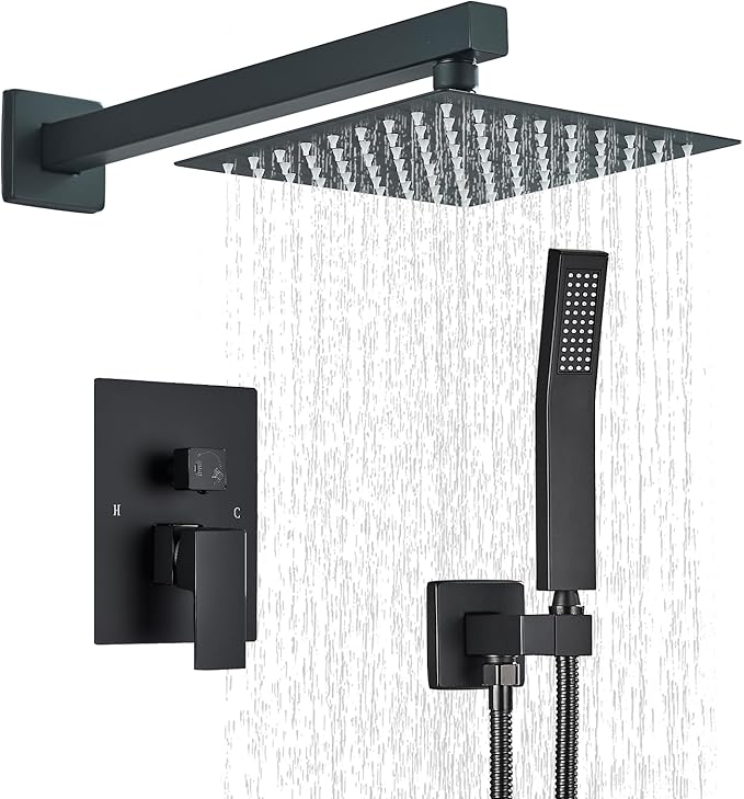 Shower Faucet Matte Black Shower System with 8 Inches Rain Shower Head and Handheld Spray Bathroom Luxury Rain Shower Faucet Set Complete Wall Mounted