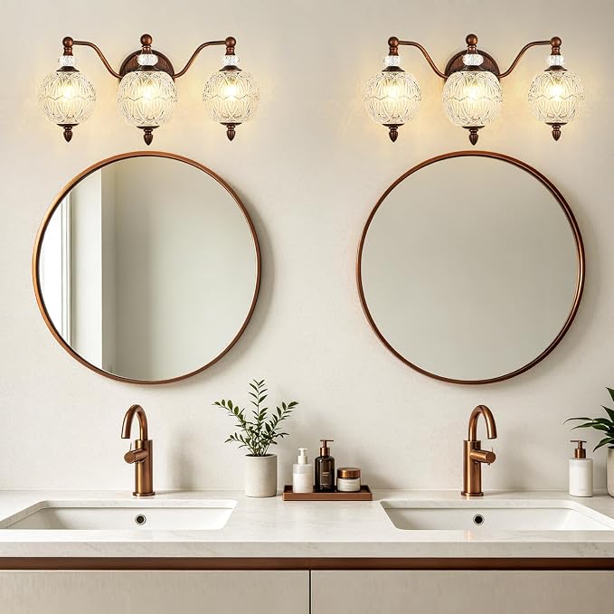 Vintage Bathroom Vanity Light, 3-Light Mid Century Antique Red Bronze Finish Wall Sconce with Globe Glass Shades, Retro Mirror Light for Bathroom, Powder Room