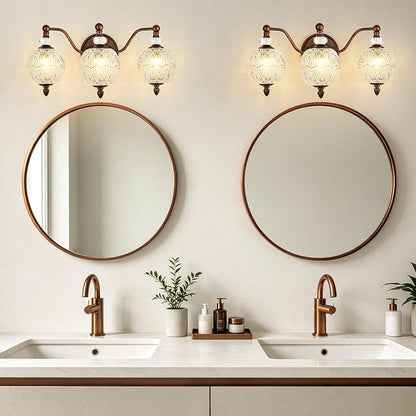 Vintage Bathroom Vanity Light, 3-Light Mid Century Antique Red Bronze Finish Wall Sconce with Globe Glass Shades, Retro Mirror Light for Bathroom, Powder Room