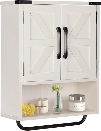 RUSTOWN Farmhouse Wall Storage Cabinet with Two Barn Door, Rustic Mounted Medicine Cabinet with Adjustable Shelf and Towel Bar, 3-Tier Wood Cabinet for Kitchen, Bathroom, Living Room (Washed Oak)