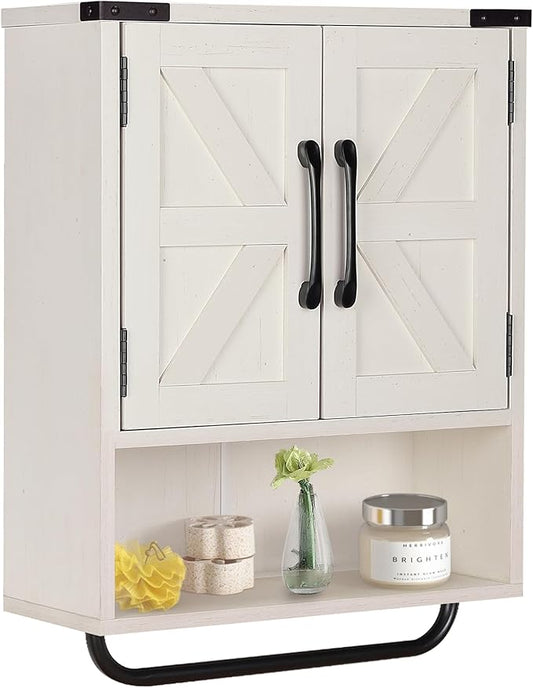 RUSTOWN Farmhouse Wall Storage Cabinet with Two Barn Door, Rustic Mounted Medicine Cabinet with Adjustable Shelf and Towel Bar, 3-Tier Wood Cabinet for Kitchen, Bathroom, Living Room (Washed Oak)