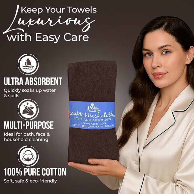 DAN RIVER 24 Pack Cotton Wash Cloths Set for Showering [12x12] Brown | Lighter Weight, Quick to Dry, Super Soft & Absorbent Face Towels, Hotel Quality, Perfect for Bathroom, Gym, Spa