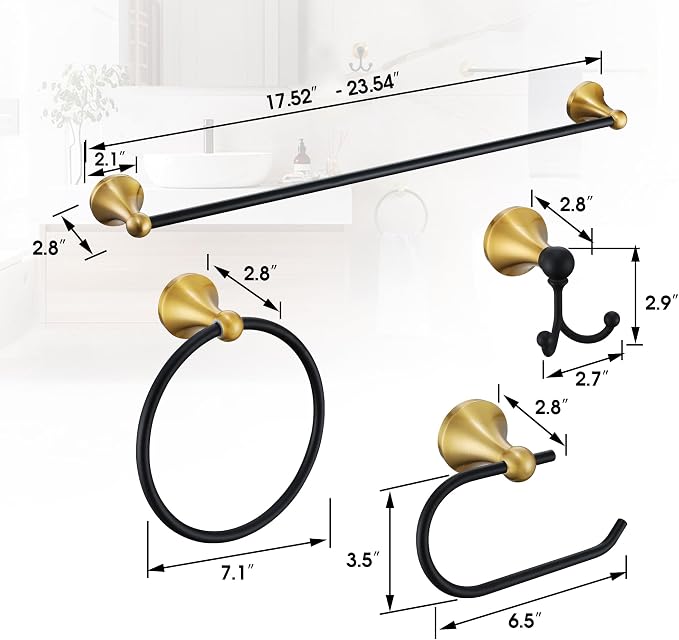 Brushed Gold and Black Bathroom Hardware Set, 4-Piece Black and Gold Bathroom Accessories Kit Stainless Steel 23.6 Inch Towel Bar | Towel Hook | Toilet Paper Holder | Hand Towel Holder