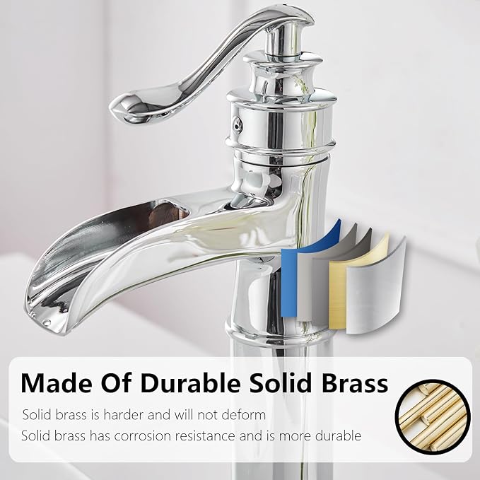 Chrome Vessel Sink Faucet Tall Brass Waterfall Faucet for Vessel Sink | Bathroom Faucets Farmhouse Single Hole Single Handle Vanity Lavatory Without Overflow Pop Up Drain for Washroom by BATHLAVISH