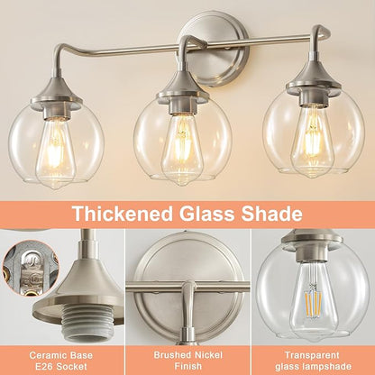 Bathroom Light Fixtures 3 Light Bathroom Vanity Light with Clear Glass Shade, 22 inch Vanity Lighting Fixtures Over Mirror, Vanity Lights Fixture (Exclude E26 Bulb) - Brushed Nickel