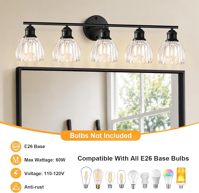 Bathroom Light Fixtures, 5-Light Brushed Black Vanity Lights for Bathroom with Clear Tulip Glass Shade, 30" Vintage Bathroom Vanity Lighting Fixtures Over Mirror for Bedroom Living Room Hallway