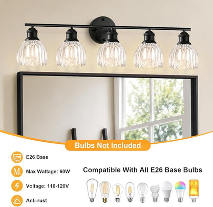 Bathroom Light Fixtures, 5-Light Brushed Black Vanity Lights for Bathroom with Clear Tulip Glass Shade, 30" Vintage Bathroom Vanity Lighting Fixtures Over Mirror for Bedroom Living Room Hallway