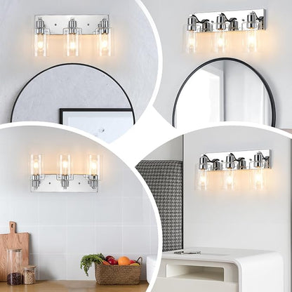 3 Lights Bathroom Light Fixtures Chrome Vanity Light with Clear Glass Shade 18in Modern Bathroom Lighting Fixtures Over Mirror for Bedroom/Living Room