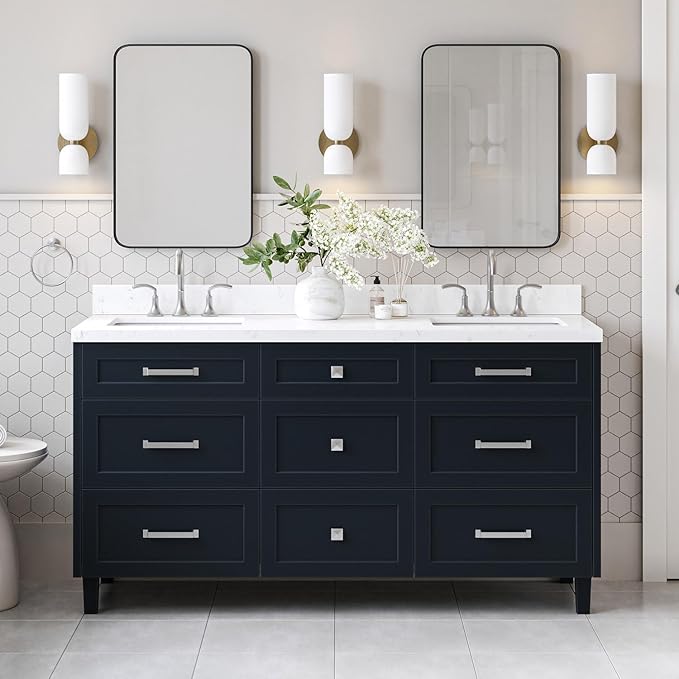 ARIEL Monroe 66-inch Bathroom Vanity with Sink,Solid Wood, 1.5-inch Carrara White Quartz Countertop & Backsplash, Double Oval Porcelain Sink, 9 Dovetail Drawers, Brushed Nickel, Midnight Blue