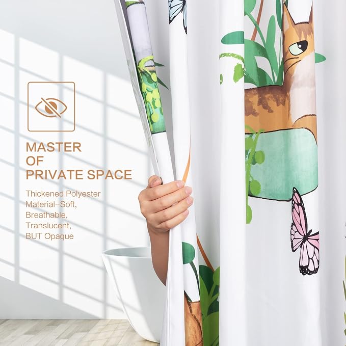 Hanging Potted Plants Cat Shower Curtain, Bracketplant KittyShower Curtain for Bathroom with 12 Hooks Polyester Fabric Waterproof Shower Curtain Sets Machine Washable Kids Bath Curtain