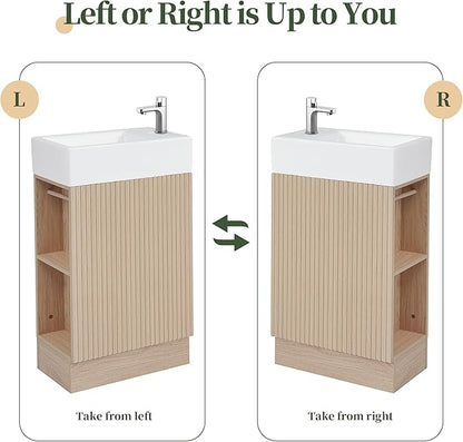 Harper & Bright Designs 18.6" Bathroom Vanity with Sink, Free Standing Single Basin Vanity Set with Storage Cabinet & Two-Tier Shelf, Wooden Bath Cabinet with Ceramic Basin for Bathroom, Natural