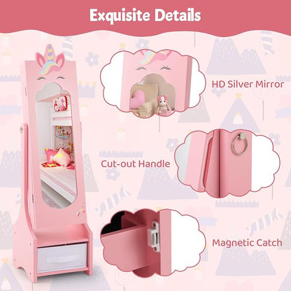 CHARMAID Kids Jewelry Cabinet - 45.5" Standing Armoire With Full Length Mirror, Organizer With Storage Drawers, Vanity Dressing Mirror for Girls (Pink)