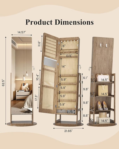 LVSOMT Standing Jewelry Mirror Organizer 6 LED Swivel Jewelry Cabinet Wood | Framelss Full Length Mirror with Jewelry Storage, Lockable Jewelry Armoire with 4 Rear Shelves and Hooks for Women Gift